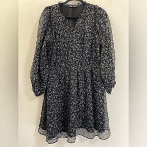 Madewell Dotted Vines‎ Ruffle Neck Mini Dress in Black - S
